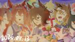  5girls agnes_tachyon_(umamusume) animal_ears birthday_cake bouquet bow bowtie box brown_hair cake candle cellphone chemical_structure closed_eyes commentary_request crossed_bangs daiwa_scarlet_(umamusume) dantsu_flame_(umamusume) dated ear_covers ear_ornament earrings fang fire flower food gift gift_box hair_between_eyes hair_intakes hair_ornament hairband hairclip hat highres holding holding_bouquet holding_gift horse_ears horse_girl jewelry jungle_pocket_(umamusume) long_hair manhattan_cafe_(umamusume) multiple_girls open_mouth owlkamino parted_lips party_hat phone pink_hairband purple_sailor_collar purple_shirt red_eyes sailor_collar school_uniform shirt smartphone smile taking_picture tiara tracen_school_uniform twintails umamusume very_long_hair white_bow white_bowtie 