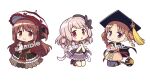  3girls :o arm_up bare_legs beret black_boots black_bow black_cape black_capelet black_coat black_hat black_shorts black_thighhighs black_vest blush blush_stickers book boots bow bowtie braid brooch brown_eyes brown_hair buttons cape capelet chain chibi chibi_only closed_mouth coat collar collared_cape collared_shirt commentary_request crinoline cropped_shirt dress elbow_gloves footwear_bow frilled_capelet frilled_collar frilled_skirt frills full_body fur-trimmed_coat fur_trim gecchu gloves gothic_lolita grimoire hair_bobbles hair_bow hair_ornament hair_ribbon hair_rings hat hat_bow hat_tassel highres hiiragi_nemu holding holding_book holding_umbrella jewelry knee_boots knees lolita_fashion long_hair looking_at_viewer magia_record:_mahou_shoujo_madoka_magica_gaiden magical_girl mahou_shoujo_madoka_magica microskirt mini_hat mortarboard multiple_girls neck_ribbon official_style orange_dress parasol parted_bangs pink_eyes pink_hair pink_ribbon purple_eyes red_bow red_bowtie red_sleeves ribbon sample_watermark satomi_touka shirt short_dress shorts shorts_under_skirt side_braid simple_background skirt sleeve_bow sleeves_past_wrists smile soul_gem strapless strapless_dress tamaki_ui thighhighs twin_braids two-tone_capelet umbrella vest watermark white_background white_bow 