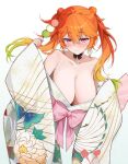  1girl absurdres bare_shoulders blush bow breasts cleavage dango earrings food gradient_hair highres hololive hololive_english japanese_clothes jewelry kimono large_breasts long_hair looking_at_viewer multicolored_hair official_alternate_costume orange_hair pink_bow print_kimono purple_eyes revision sanshoku_dango simple_background smile solo takanashi_kiara takanashi_kiara_(new_year) twintails virtual_youtuber wagashi white_background yuzureei 