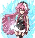  1girl absurdres animal_ears aura breasts commentary english_commentary highres hololive hololive_english large_breasts long_hair looking_at_viewer moemoekoshi multicolored_hair panther_ears panther_girl panther_tail pink_hair raora_panthera smile solo streaked_hair tail virtual_youtuber yellow_eyes 