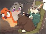 anthro black_border border bottomwear brown_bottomwear brown_clothing brown_pants chair clothed clothing countershading dialogue digital_media_(artwork) disney electronics english_text eyebrows eyelashes feet_up felid feline female foot_on_table fur furniture game_console gaming green_clothing green_eyes grey_body grey_fur group hi_res inanimate_transformation inner_ear_fluff judy_hopps living_sock lynx male male/female male/male mammal multicolored_body nick_wilde nintendo nintendo_switch noms_(artist) orange_body orange_eyes orange_fur pants pawbert_lynxley playing_video_game proportionally_accurate_nintendo_switch purple_eyes simple_background sitting smile sock_transformation sweater table text thick_thighs topwear transformation trio tuft what white_body white_fur zootopia