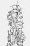  1girl armor armored_boots bangs boots china_dress chinese_clothes closed_mouth commission crossover dress full_body gauntlets grey_background hair_between_eyes hair_ornament hand_fan highres holding holding_fan honkai_(series) honkai_impact_3rd kreuzer_00 long_hair long_sleeves monochrome pauldrons petals primarch shoulder_armor side_ponytail simple_background skirt smile solo standing theresa_apocalypse theresa_apocalypse_(starlit_astrologos) thighhighs traditional_media warhammer_40k white_hair zhuge_kongming_(honkai_impact) 