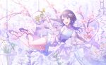  1girl air_bubble alternate_hair_length_(longer) analogous_colors bare_legs black_hair blue_flower blue_hair bowl braid braided_bangs branch breasts brooch bubble cherry_blossoms collared_dress colored_inner_hair colorful_palette cool_colored corset craspedia_(flower) dress earrings falling_petals fish fishbowl flower frilled_shirt_collar frilled_sleeves frills full_body game_cg gradient_hair hair_flower hair_ornament highres holding holding_flower jewelry juliet_sleeves koi koukyou_suru_machi_no_katasumi_de_(project_sekai) layered_dress lily_of_the_valley long_sleeves looking_to_the_side medium_breasts multicolored_hair official_alternate_costume official_alternate_hairstyle official_art petals pink_flower pink_petals plant project_sekai puffy_sleeves purple_corset purple_shoes purple_theme shiraishi_an shoes solo swept_bangs third-party_source white_dress white_flower wolf_cut yellow_flower 