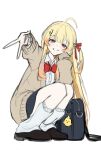  1girl absurdres ahoge alternate_costume bag bag_charm beamed_sixteenth_notes bird black_bag black_shoes black_skirt blonde_hair bow bowtie brown_cardigan brown_eyes cardigan charm_(object) collared_shirt commentary dot_nose double-parted_bangs eighth_note flat_color foreshortening from_side gradient_hair grin gyaru gyaru_v hair_between_eyes hair_ornament hair_ribbon hairclip hand_on_own_face highres hololive hololive_dev_is leg_warmers long_hair long_sleeves looking_at_viewer multicolored_hair musical_note musical_note_hair_ornament mypace0079 one_side_up open_cardigan open_clothes orange_hair otonose_kanade outstretched_arm pleated_skirt red_bow red_bowtie red_eyes red_ribbon ribbon school_bag school_uniform shirt shoes sidelocks simple_background skirt smile solo squatting traditional_bowtie two-tone_hair untranslatable_commentary v virtual_youtuber white_background white_leg_warmers white_shirt yellow_bird 