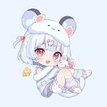  1girl animal_ears cheese chibi dot_nose fang food hair_ornament hairpin highres hitsukuya indie_virtual_youtuber jacket leg_warmers long_sleeves looking_at_viewer medium_hair mouse_ears mouse_girl nemimi_yane open_mouth pink_eyes shorts skin_fang sliced_cheese slippers smile solo swiss_cheese virtual_youtuber white_hair white_jacket white_leg_warmers white_shorts white_slippers 