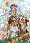 1girl absurdres animal_ears arknights aviator_goggles bear_ears blue_hat cairn_(arknights) chinese_commentary collared_shirt commentary_request fingerless_gloves full_body gloves goggles goggles_on_headwear hand_on_own_hip hat highres holding holding_shield laoshi_wo_hao_e legs_apart long_braid long_hair looking_at_viewer miniskirt navel necktie open_mouth orange_eyes outdoors pleated_skirt red_gloves shield shirt skirt sky smile solo standing very_long_hair yellow_necktie yellow_skirt 