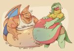 anthro arm_hair back_hair belly belly_blush belly_expansion belly_grab belly_inflation big_belly blue_bottomwear blue_clothing blue_shorts blush body_blush body_hair bottomwear chad_(eyeseedee) charizard chest_hair chris_(eyeseedee) clothing duo expansion eyes_closed eyeseedee eyewear facial_hair generation_1_pokemon generation_3_pokemon glasses green_body grovyle hair hand_on_belly heart_symbol holding_stomach hotpants huge_belly inflation liquid_inflation lizardfordinner long_hair love_handles lying male motion_lines musclegut muscular muscular_anthro muscular_male nintendo nipple_outline on_front onomatopoeia open_mouth orange_body pink_tongue pokemon pokemon_(species) red_stripes rumbling_stomach shirt shorts simple_background sloshing_belly sound_effects standing stripes sweater tan_background tan_bottomwear tan_clothing tan_shorts tank_top text thick_thighs tight_clothing tongue topwear white_clothing white_shirt white_tank_top white_topwear wings