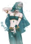  1boy arabian_clothes artist_name bare_shoulders bridal_gauntlets collarbone commentary_request crossdressing crossdressing_(mtf) dancer green_eyes green_nails green_pants grey_hair harem_pants highres looking_at_viewer male_focus nail_polish navel nulpoppochan octopath_traveler octopath_traveler_ii pants see-through_clothes see-through_veil short_hair smile solo standing temenos_mistral twitter_username veil watermark white_background 