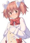  1girl absurdres blush bow closed_mouth coat cocoa_(ultra_mdk) commentary_request fur-trimmed_coat fur-trimmed_sleeves fur_trim hair_bow hand_up highres kaname_madoka long_sleeves looking_at_viewer mahou_shoujo_madoka_magica mahou_shoujo_madoka_magica_(anime) mittens official_alternate_costume pink_eyes pink_hair short_hair short_twintails smile solo twintails upper_body white_background white_coat white_mittens winter_clothes 