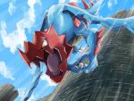  claws cloud commentary_request day druddigon falling mukiguri no_humans open_mouth outdoors pokemon pokemon_(creature) sky solo tongue tower wind yellow_eyes 