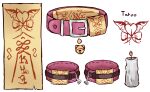  absurdres buckle candle collar ddrawins english_commentary english_text fire highres multiple_views no_humans object_focus ofuda original pink_collar talisman tattoo typo winged_heart winged_heart_tattoo 
