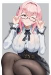  1girl absurdres adjusting_eyewear black-framed_eyewear black_pantyhose black_skirt border bra bra_visible_through_clothes breast_pocket breasts buttons closed_mouth collared_shirt commentary glasses grey_background hair_intakes hands_up head_tilt highres large_breasts long_hair long_sleeves looking_at_viewer one_eye_closed pantyhose pink_hair pink_lips pocket purple_eyes semi-rimless_eyewear shirobako_srbk shirt sidelocks simple_background sitting skirt smile solo thighs tsukishiro_yanagi under-rim_eyewear underwear very_long_hair white_border white_shirt zenless_zone_zero 