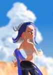  1girl ass back black_pants blue_shawl blue_sky blurry blurry_background chest_sarashi cloud commentary_request couldoh drink earrings from_behind hairband hand_on_own_hip highres holding holding_drink hot jewelry long_hair multiple_earrings octoling outdoors pants red_eyes sarashi shawl shiver_(deep_cut_outfit)_(splatoon) shiver_(splatoon) short_eyebrows sky solo splatoon_(series) splatoon_3 standing sweat tentacle_hair thick_eyebrows tooth_earrings white_hairband 