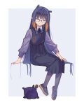  1girl black_dress black_hairband blue_eyes chocolate_chip_cookie closed_mouth cookie diamond_hairband dress food glasses hairband highres holding holding_cookie holding_food hololive hololive_english invisible_chair light_smile long_hair multicolored_hair ninomae_ina'nis ninomae_ina'nis_(casual) orange_hair pantyhose pointy_ears purple_hair purple_pantyhose purple_shirt shirt sitting takodachi_(ninomae_ina'nis) tentacle_hair tentacleluver virtual_youtuber 