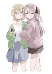  2girls absurdres arm_hug blonde_hair blue_eyes blush closed_mouth collarbone hair_ribbon highres kamiina_botan kamiina_botan_yoeru_sugata_wa_yuri_no_hana long_hair looking_at_viewer multiple_girls nro one_eye_closed pink_hair pink_sweater purple_eyes ribbon shirt short_hair simple_background skirt smile sweater sweater_vest tonami_ibuki two_side_up white_background white_shirt yuri 