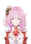  0210831 1girl absurdres apple bangs blue_eyes bow christmas closed_mouth elysia_(honkai_impact) food fruit hair_bow headband highres holding holding_food holding_fruit honkai_(series) honkai_impact_3rd jacket long_hair long_sleeves looking_at_viewer pink_hair pointy_ears red_jacket simple_background smile solo white_background 