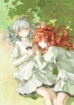  2girls absurdres aged_down black_bow black_bowtie bow bowtie chinese_commentary closed_eyes commentary_request dress grass grey_hair hair_bun hairband highres layered_sleeves long_sleeves lying medium_hair multiple_girls on_back on_ground on_side orange_hair profile reverse:1999 short_dress short_over_long_sleeves short_sleeves single_side_bun sleeping sonetto_(reverse:1999) syannn tree_shade two_side_up vertin_(reverse:1999) white_dress white_hairband 