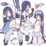  1girl alternate_costume armor bandaged_leg bandages bandaid_on_thigh barefoot between_legs bite_mark black_hair blood blood_on_face blue_hair blush breasts cleavage covering_breasts covering_privates crop_top detached_sleeves doll_joints double_w eyepatch flying_sweatdrops gauze genderswap genderswap_(mtf) genshin_impact halo hand_between_legs heart heart_(organ) highres holding injury japanese_armor joints kingyo_(nyankomanjyuu15) kneeling kote long_hair mask mask_on_head medium_breasts multiple_views open_mouth purple_eyes purple_hair romaji_text scaramouche_(cat)_(genshin_impact) scaramouche_(genshin_impact) scaramouche_(kabukimono)_(genshin_impact) scaramouche_(shouki_no_kami)_(genshin_impact) simple_background sitting sleep_mask sparkle syringe tongue tongue_out very_long_hair w wanderer_(genshin_impact) white_background yarn yarn_ball 