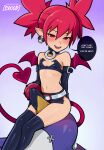  1girl :d arm_behind_back arm_support artist_name ass bare_shoulders bat_wings belt belt_buckle between_breasts bird black_bra black_gloves black_thighhighs blush bra breasts buckle choker commentary crossed_ankles demon_girl demon_tail demon_wings disgaea earrings elbow_gloves english_commentary english_text etna_(disgaea) feet_out_of_frame femdom gloves gradient_background hair_between_eyes hand_on_another's_face highres jewelry loodncrood looking_at_viewer makai_senki_disgaea_2 medium_hair midriff mini_wings miniskirt narrowed_eyes naughty_face navel o-ring o-ring_choker o-ring_collar open_mouth penguin pointy_ears prinny purple_background red_eyes red_hair red_tail red_wings shiny_skin side_slit sitting_on_face skirt skull_earrings slit_pupils small_breasts smile solo strapless strapless_bra subscribestar_username sweatdrop tail thigh_focus thighhighs twintails underwear white_background white_belt wings 
