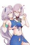  blue_eyes blush braid braided_bangs breasts dual_persona earrings feather_hair_ornament feathers grey_hair hair_ornament highres hololive hololive_indonesia jewelry kurodai711 large_breasts long_hair looking_at_viewer navel official_alternate_costume official_alternate_hairstyle pavolia_reine pavolia_reine_(1st_costume) pavolia_reine_(indonesian_casual) short_hair smile virtual_youtuber 