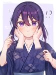  !? 1boy :i aged_down blue_kimono blush border cheek_squash child closed_mouth commentary_request disembodied_hand double-parted_bangs ensemble_stars! hair_between_eyes hair_intakes hands_on_another's_cheeks hands_on_another's_face hands_up highres japanese_clothes kanzaki_souma kimono long_hair looking_at_viewer male_focus official_alternate_costume ponytail pov pov_hands purple_background purple_eyes purple_hair ruriruri772 short_ponytail sidelocks straight-on surprised sweatdrop twitter_username v-shaped_eyebrows white_border wide_sleeves 