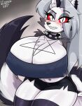 2022 anthro big_breasts black_body black_fur black_nose blush bmayyneart breasts canid canid_demon canine canis chest_tuft cleavage clothed clothing collar demon digital_media_(artwork) ear_piercing ear_ring elbow_tufts eye_through_hair eyebrow_through_hair eyebrows eyelashes eyelashes_visible_through_hair facial_tuft female fur grey_body grey_fur grey_hair hair half-closed_eyes hellhound helluva_boss hi_res huge_breasts human inner_ear_fluff long_hair looking_at_viewer loona_(helluva_boss) mammal multicolored_body multicolored_fur narrowed_eyes nipple_outline notched_ear piercing pupils raised_eyebrow red_sclera sharp_teeth signature slit_pupils smile solo spiked_collar spikes teeth thick_thighs translucent translucent_hair tuft white_body white_eyes white_fur wolf 