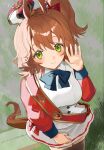  1girl animal_ears aston_machan_(flare)_(umamusume) aston_machan_(umamusume) black_bow black_bowtie bow bowtie breasts brown_hair commentary_request crown from_above green_eyes hair_between_eyes highres horse_ears horse_girl horse_tail large_breasts long_sleeves looking_at_viewer medium_hair mini_crown nminmi0343 red_sleeves sash shoulder_sash smile solo tail tilted_headwear umamusume 