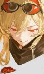  1girl absurdres arkhein artist_name blonde_hair goggles goggles_on_head hair_between_eyes highres hololive hololive_indonesia kaela_kovalskia kaela_kovalskia_(1st_costume) long_hair red_eyes solo virtual_youtuber 