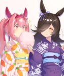  2girls animal_ears araki_(qbthgry) blush bow brown_hair carrot_print closed_eyes closed_mouth cotton_candy ear_bow ear_covers ear_ribbon flipped_hair flower-shaped_pupils flower_in_eye flying_sweatdrops food food_print hair_over_one_eye hairband haru_urara_(umamusume) headband highres holding holding_cotton_candy holding_food horse_ears horse_girl japanese_clothes kimono long_hair multiple_girls obi pink_eyes pink_hair pink_headband ponytail purple_kimono red_headband rice_shower_(umamusume) sash smile striped_clothes striped_kimono symbol-shaped_pupils symbol_in_eye umamusume vertical-striped_clothes vertical-striped_kimono white_kimono 
