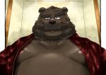  2022 anthro beard belly black_nose brown_body clothed clothing facial_hair hi_res kemono male mammal mature_male moobs mustache nipples open_clothing open_shirt open_topwear overweight overweight_male shirt solo topwear ursid yanununununu 