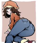  1girl :| akableak all_fours ass ass_focus bakemonogatari blue_pants blush border brown_background brown_eyes brown_hair brown_hat brown_jacket brown_shoes casual choppy_bangs closed_mouth commentary denim english_commentary from_behind hat highres jacket jeans long_sleeves looking_at_viewer looking_back medium_hair meek_nadeko monogatari_(series) newsboy_cap nose_blush on_ground outside_border pants pink_shirt raised_eyebrows sengoku_nadeko shirt shoes sneakers solo thick_eyebrows thick_outlines wavy_mouth white_border 