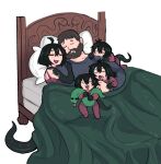  1boy 4girls ahoge bed_sheet big_trav biting_arm black_hair black_scales blanket breasts chivalry_starved cuddling fangs forked_tongue highres japvs medium_breasts multiple_girls on_bed pajamas saliva short_hair sleeping sleepwear snake_girl snake_tail stuffed_toy tail tongue under_covers xiang_(basedbinkie) 