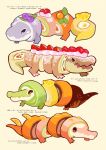  bilingual_text blueberry cake cake_slice chocolate commentary cream creature creature_focus crocodile crocodilian english_commentary food food-themed_creature fruit grey_background highres lemon lemon_slice mandarin_orange matcha_(food) mixed-language_text no_humans okashitofushigi open_mouth orange_(fruit) orange_slice original simple_background strawberry swiss_roll 