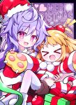 >_< 2girls :d absurdres aijiro83 animal_hands blush box brown_pants candy candy_cane capelet choker christmas christmas_ornaments commentary dress fang food gift gift_box hat heart highres long_sleeves looking_at_viewer merry_christmas multiple_girls neptune_(series) open_mouth pants pantyhose pish pom_pom_(clothes) purple_eyes purple_hair pururut red_capelet red_dress santa_hat shoes skin_fang smile white_choker white_pantyhose white_shoes 