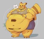 anthro belly belly_tattoo belt big_belly big_moobs bloated blonde_hair blue_bottomwear blue_clothing blue_shorts bottomwear bracelet breath clothing ear_piercing eyeseedee facial_hair fur generation_1_pokemon grey_clothing grey_shirt grey_tank_top grey_topwear hair hand_on_belly hotpants huge_belly jewelry lidded_eyes lizardfordinner love_handles male moobs navel necklace nintendo nipple_outline obese obese_anthro obese_male onomatopoeia overweight overweight_anthro overweight_male piercing pikachu pokemon pokemon_(species) ponytail red_cheeks rumbling_stomach shirt shorts sloshing_belly small_clothing solo sound_effects standing tail_tattoo tank_top tattoo text text_on_clothing text_on_shirt text_on_topwear tight_clothing topwear weight_gain yellow_body yellow_fur