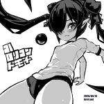  1girl arm_support backbeako_(torotei) backbeard blush breasts buruma closed_mouth commentary cowboy_shot dated dated_commentary gegege_no_kitarou greyscale gym_shirt gym_uniform hair_over_one_eye hair_ribbon kono_lolicon_domome light_frown long_hair looking_at_viewer monochrome original paid_reward_available petite pointy_ears ribbon shirt short_sleeves simple_background small_breasts solo torotei translated twintails very_long_hair web_address white_background 