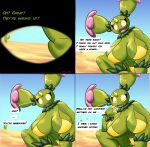 1_horn absurd_res anthro artist_name big_breasts bikini biped blossonflower blue_sky breasts cactus claws clothed clothing comic desert dialogue digital_drawing_(artwork) digital_media_(artwork) elemental_creature english_text fangs female first_person_view flora_fauna flower_(anatomy) generation_5_pokemon genitals green_body green_skin greeting_viewer hi_res horn leaning leaning_forward looking_at_viewer maractus nintendo obscured_inner_labia plant pokemon pokemon_(species) pokemorph polygonal_speech_bubble proposition sand skimpy sky smile solo speech_bubble swimwear teeth text two-piece_swimsuit vulva waking_up yellow_bikini yellow_claws yellow_clothing yellow_eyes yellow_sclera yellow_swimwear