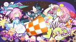  >_< 2girls :d animal_ears blue_dress character_doll commentary contest_winner cup doll dress english_commentary flower flower_over_eye green_eyes green_hair heart heart_in_mouth highres holding holding_pocket_watch long_hair long_sleeves looking_at_viewer low_twintails mocha_(osu!) multiple_girls osu! pink_hair pippi_(osu!) pocket_watch rabbit_ears second-party_source short_hair sleeves_past_fingers sleeves_past_wrists smile stuffed_animal stuffed_toy teacup teapot teddy_bear twintails watch xd zipbip 
