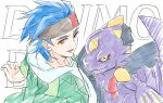 accessory anthro bandai_namco blue_hair digimon digimon_(species) digimon_beatbreak duo hair headband hi_res human kotukotu_55 male mammal monodramon purple_body raito_souda scalie smile smirk yellow_eyes