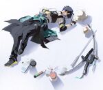  1boy absurdres arrow_(projectile) asaba_harumasa asymmetrical_gloves black_choker black_gloves black_hair black_necktie black_pants black_shoes cake cake_slice cat choker commentary_request food gloves half_gloves headband highres looking_at_viewer lying male_focus mismatched_gloves necktie on_back pants parted_lips partially_fingerless_gloves pendant_choker phone plate shirt shoes short_hair single_half_glove sword weapon white_background white_cat white_shirt yellow_eyes yellow_gloves yellow_headband yiyihongxue09456 zenless_zone_zero 