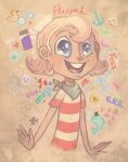  1boy anchor_symbol artist_request blonde_hair blue_eyes brown_background candy candy_cane character_name child chocolate chocolate_chip_cookie cookie fish flapjack_(the_marvelous_misadventures_of_flapjack) flower food green_scarf hat heart highres male_focus octopus open_hands open_mouth painterly pink_flower red_shirt rubber_duck scarf shirt short_sleeves sketch smile striped_clothes striped_shirt the_marvelous_misadventures_of_flapjack third-party_source toon_(style) upper_body water_drop whale white_hat yellow_shirt 