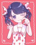  1girl artist_request black_hair commentary_request flower food food_print fruit fukumaru_koito hair_flower hair_ornament hair_ribbon highres holding holding_food holding_fruit idolmaster idolmaster_shiny_colors looking_at_viewer one_eye_closed print_shirt purple_eyes red_background ribbon sailor_collar shirt sleeveless solo strawberry strawberry_print twintails upper_body 