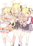  1girl :d absurdres animal_ear_fluff animal_ears apron azumi_kazuki backpack bag birthday black_ribbon black_shoes black_skirt blonde_hair blue_archive blush bow bowtie casual check_commentary closed_eyes collared_shirt commentary_request eyebrows_hidden_by_hair foot_out_of_frame frilled_apron frilled_skirt frilled_socks frills full_body hair_between_eyes hair_ornament hair_ribbon halo hands_up highres holding holding_stuffed_toy hugging_object ibuki_(blue_archive) long_hair long_sleeves looking_at_viewer maid_headdress mary_janes multiple_views one_eye_closed one_side_up open_mouth paw_pose plaid_clothes plaid_skirt pleated_skirt puffy_short_sleeves puffy_sleeves randoseru red_shoes ribbon school_uniform shirt shoes short_sleeves sidelocks simple_background skirt smile socks standing stuffed_animal stuffed_toy teddy_bear waist_apron white_background white_shirt white_socks wrist_cuffs yellow_eyes 