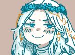  1girl blue_eyes blush_stickers chain commentary_request dot_nose earrings elden_ring elden_ring_nightreign english_commentary forehead furrowed_brow gold_chain gold_earrings half-closed_eyes head_wreath jaggy_lines jewelry korean_commentary long_hair lowres middle_part mixed-language_commentary revenant_(elden_ring) sanpaku shirt smile smug solo toshill2 turtleneck upper_body white_hair white_shirt 