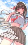  1girl adapted_costume black_choker black_hair black_sailor_collar black_skirt blue_sky blush breasts chisa_(wuthering_waves) choker chromatic_aberration commentary_request cowboy_shot day food hair_ribbon highres holding holding_food holding_popsicle long_hair looking_at_viewer medium_breasts mole mole_under_eye neckerchief no_jacket outdoors popsicle red_eyes red_neckerchief red_ribbon ribbon sailor_collar school_uniform serafuku shirt skirt sky solo tongue tongue_out uissu white_shirt wuthering_waves 