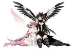  2girls absurdres akuma_homura black_hair breasts feathers gloves highres long_hair mahou_shoujo_madoka_magica misteor multiple_girls navel pink_hair red_ribbon ribbon thighhighs ultimate_madoka wings zettai_ryouiki 