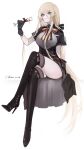  1girl absurdres azur_lane bismarck_(azur_lane) bismarck_(iron_black_elysium)_(azur_lane) black_footwear black_gloves black_legwear blonde_hair blue_eyes boots breasts commentary_request cross cup drink drinking_glass eyebrows_visible_through_hair gloves grey_shirt high_heel_boots high_heels highres holding holding_drink iron_cross large_breasts long_hair maid official_alternate_costume rae_(632230212) shirt short_sleeves thigh_boots thighhighs thighhighs_under_boots wine_glass 