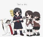  >_< +++ 4girls :t :| amakura_mayu amakura_mio an_sin arm_up artist_name asymmetrical_dual_wielding bandaged_leg bandages bare_shoulders black_camisole black_eyes black_hair black_leggings black_sailor_collar black_serafuku black_shirt black_shoes black_skirt black_socks blood blood_on_weapon blush brown_camisole brown_hair brown_shirt brown_shoes camera camisole camisole_over_clothes chihaya_(clothing) closed_mouth club_(weapon) collarbone copyright_name crossover dual_wielding fatal_frame fatal_frame_ii:_crimson_butterfly full_body grey_background grey_socks hakama hakama_skirt hand_up hands_up highres holding holding_camera holding_club holding_hands holding_lead_pipe holding_weapon igarashi_sakuko japanese_clothes kama_(weapon) kanabou kneehighs lead_pipe leggings long_sleeves looking_at_another looking_at_viewer looking_to_the_side midriff_peek miniskirt mole mole_under_mouth multiple_girls neckerchief nose_blush off-shoulder_shirt off_shoulder open_clothes open_mouth open_robe outstretched_arms pleated_skirt red_hakama red_neckerchief red_ribbon ribbon robe sailor_collar school_uniform serafuku shimizu_hinako shirt shoes short_hair short_twintails siblings sickle silent_hill_(series) silent_hill_f simple_background sisters skirt socks solid_eyes standing sweatdrop tearing_up trembling twins twintails twitter_username two-handed v-shaped_eyebrows weapon white_robe wide_sleeves 