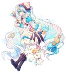  1girl absurdres animal apron aqua_eyes aqua_hair asymmetrical_legwear blue_bow blue_dress blue_eyes blue_hair blue_sleeves blush boots bow bowtie bread brown_boots brown_hat character-themed_food closed_mouth commentary_request cookie dessert detached_sleeves donut dress dress_bow food food-themed_clothes food-themed_hat_ornament frilled_apron frills fruit full_body fur-trimmed_dress fur-trimmed_sleeves fur_trim hair_between_eyes hair_ornament hat hat_ornament hatsune_miku highres holding holding_key key knee_boots long_hair long_sleeves looking_at_viewer mismatched_legwear necktie official_alternate_costume official_alternate_hairstyle pantyhose pink_necktie puffy_sleeves rabbit_yukine rumi_(rarumi11) short_sleeves simple_background smile snowflake_print striped_clothes striped_pantyhose twintails two-tone_sleeves very_long_hair vocaloid wavy_hair white_apron white_background yuki_miku yuki_miku_(2026) 