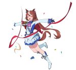  1girl ^_^ absurdres animal_ears ascot asymmetrical_gloves blue_gloves boots brown_hair buttons cape closed_eyes commentary confetti ear_ribbon epaulettes full_body gloves hair_between_eyes happy high_ponytail highres horse_ears horse_girl horse_tail jacket long_hair long_sleeves mismatched_gloves multicolored_hair multicolored_jacket open_mouth outstretched_arms pink_ascot ponytail red_cape red_ribbon ribbon simple_background single_epaulette single_hair_streak skirt smile solo spread_arms streaked_hair tail teeth tokai_teio_(peak_joy)_(umamusume) tokai_teio_(umamusume) totwo two-tone_hair two-tone_jacket two-tone_skirt umamusume upper_teeth_only white_background white_boots white_gloves white_jacket white_skirt white_streaks 